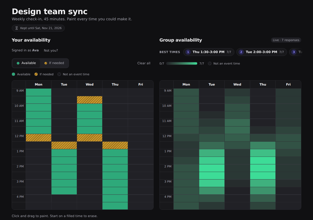 An example Mutual event: a weekly availability heatmap with the best times ranked beside it