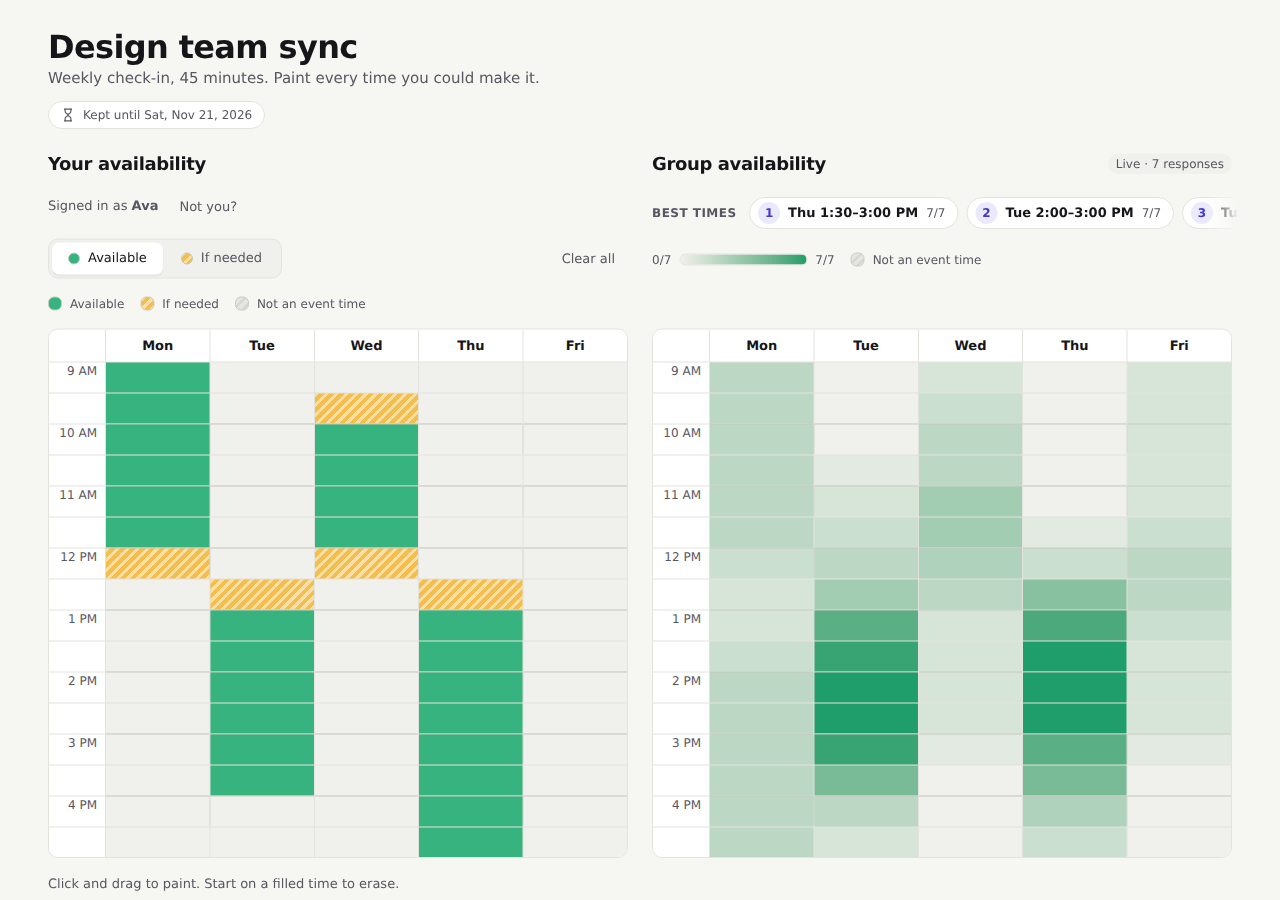 An example Mutual event: a weekly availability heatmap with the best times ranked beside it
